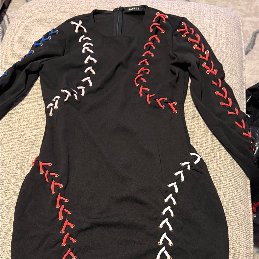 Banjul Black Dress with Colorful Stitching